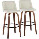 Toriano 30" Swivel Bar Stool in Walnut Wood & Cream Fabric with Black Footrest (Set of 2)